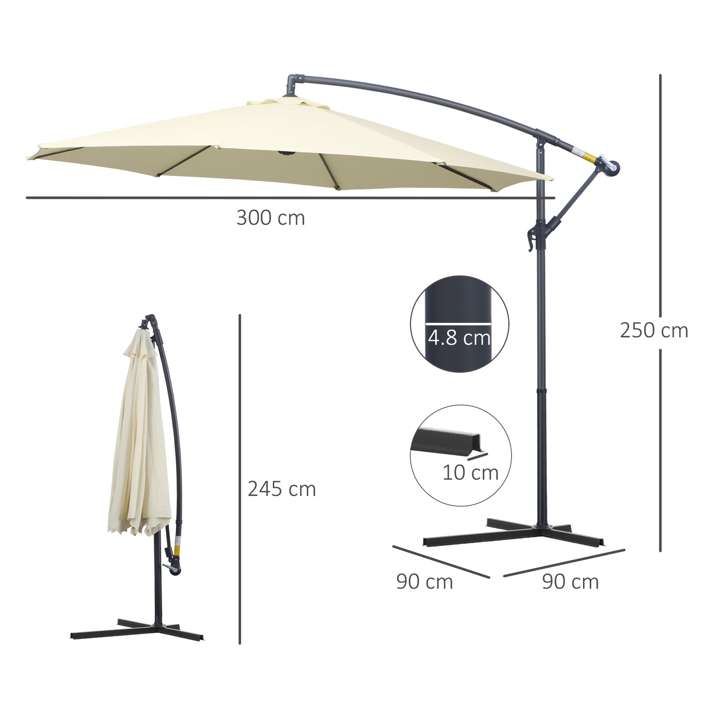 Outsunny 3 m Parasol Garden Sun Umbrella Banana Hanging Rattan Set Umbrella Cantilever - Cream white