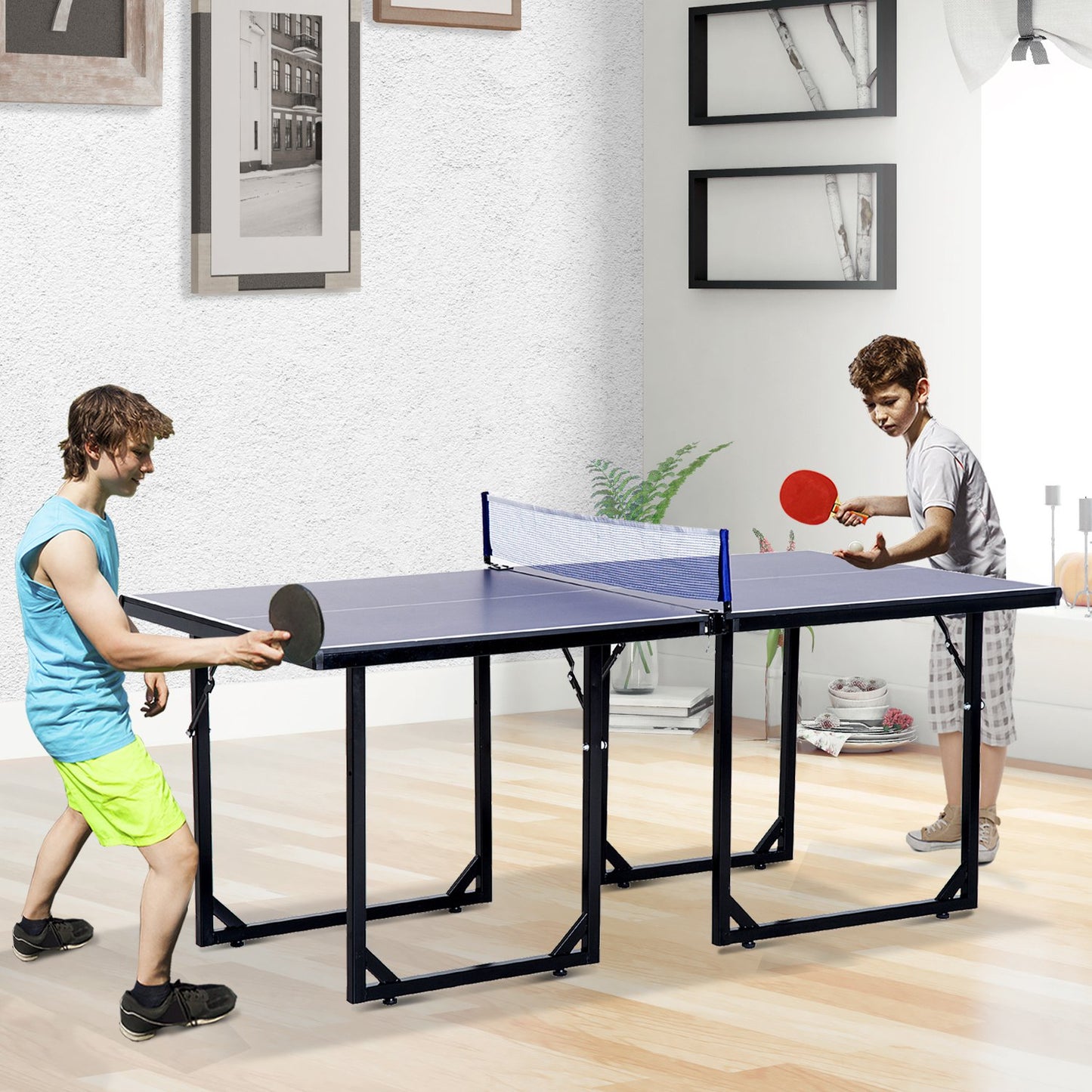 Homcom 6ft 182cm Mini Table Tennis Table Folding Ping Pong Table with Net Multi-Use Table for Indoor Outdoor Game