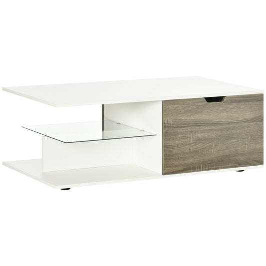 Homcom Modern Coffee Table with Tempered Glass Shelf and Two Drawers