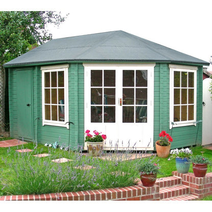 Shire Leygrove 14' x 10' Hexagonal Hip Log Cabin - Premium 28mm Cladding Tongue & Groove