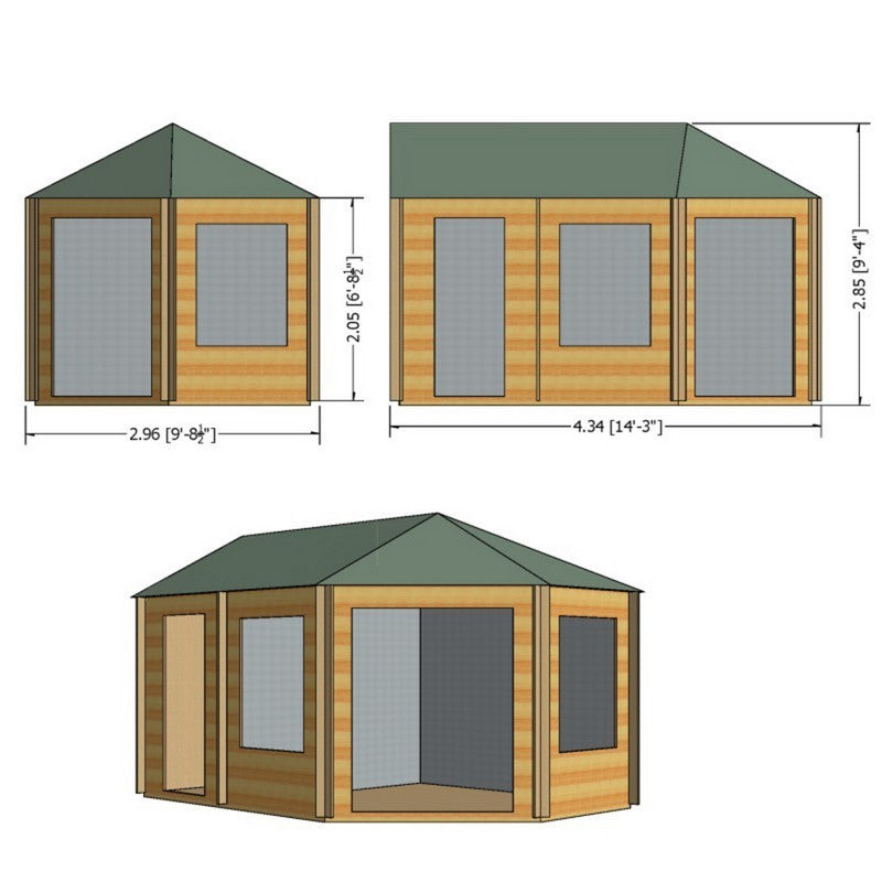 Shire Leygrove 14' x 10' Hexagonal Hip Log Cabin - Premium 28mm Cladding Tongue & Groove