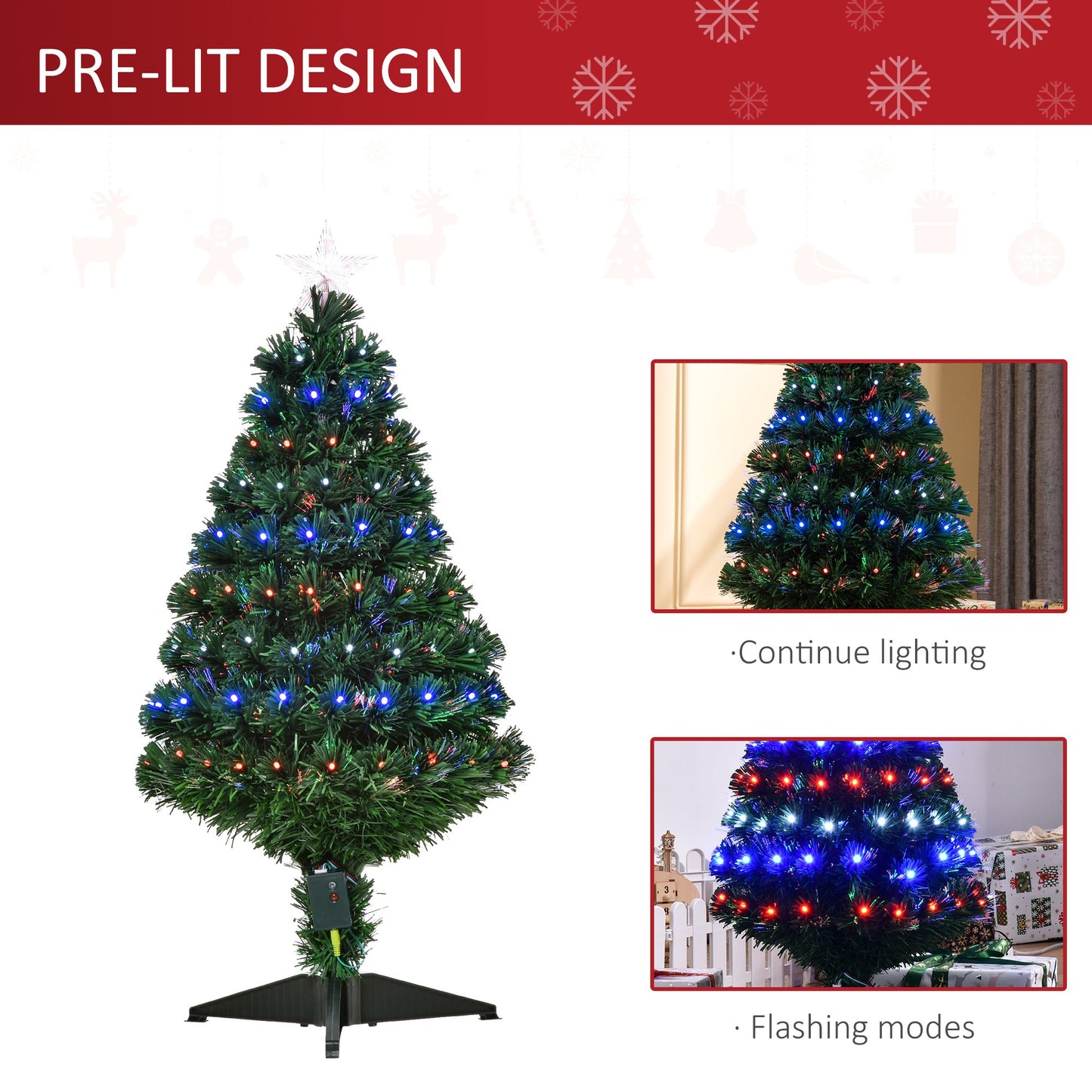 Homcom 3FT Prelit Artificial Christmas Tree with Multi-Coloured Fiber Optic LED Light