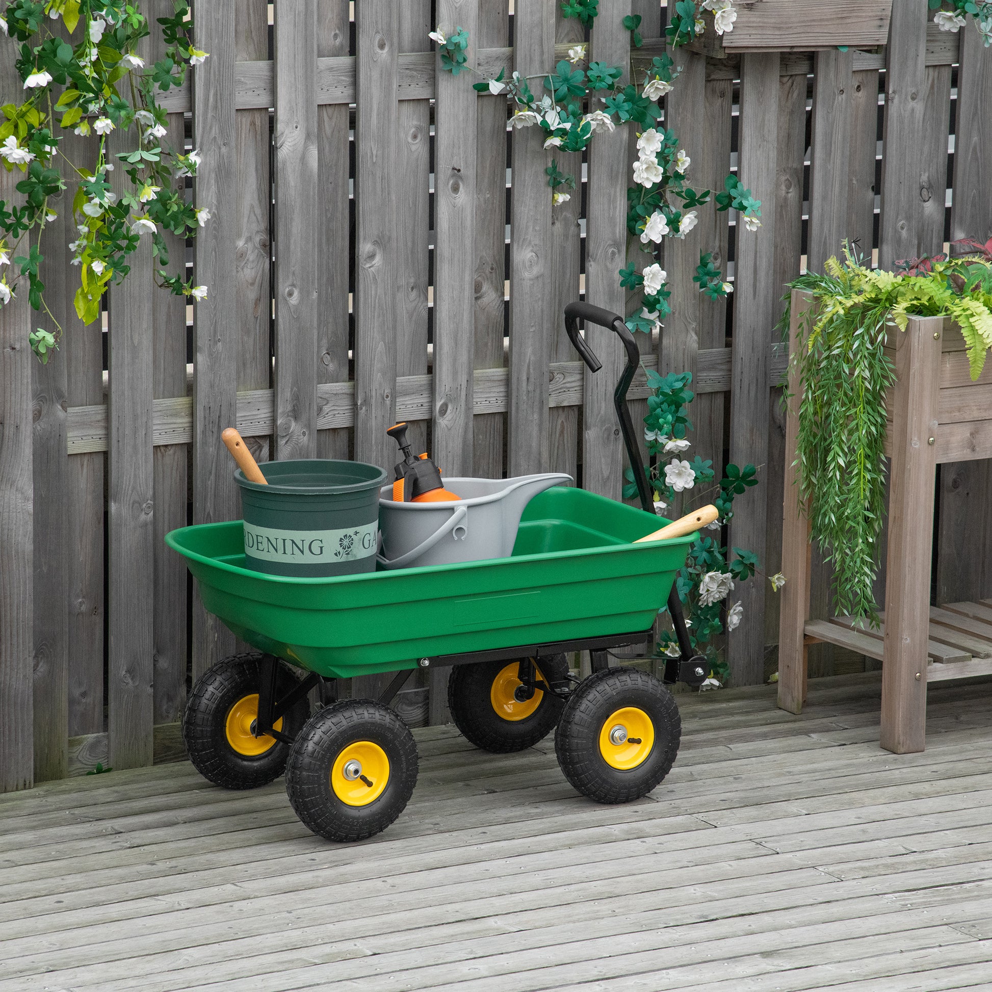 Outsunny 75 Litre Large Garden Cart Heavy Duty 4 Wheel Trolley Dump Wheelbarrow Tipping Truck Trailer - Green