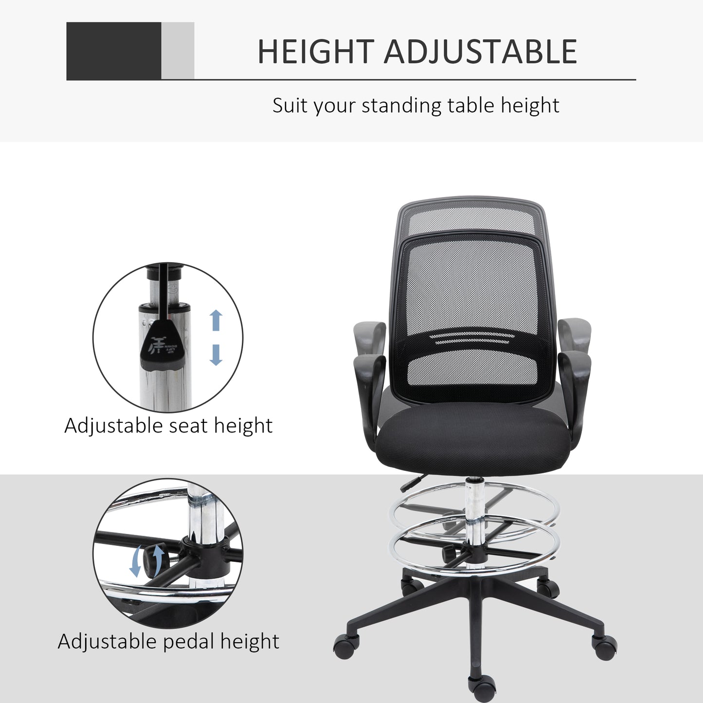 Vinsetto Ergonomic Mesh Back Draughtsman Chairs Tall Office Chair with Adjustable Height and Footrest 360° Swivel