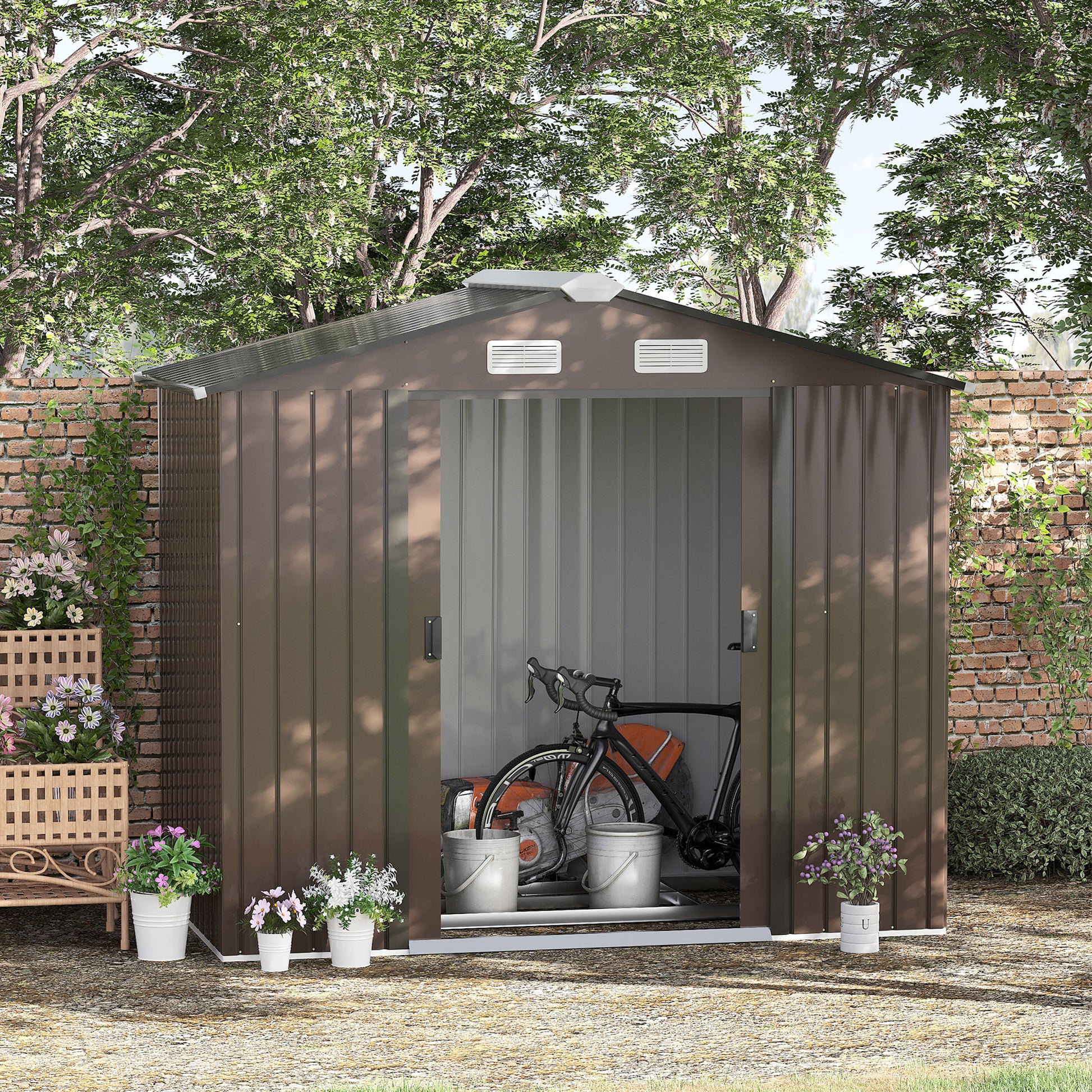 Galvanised 7 x 4' Double Door Reverse Apex Garden Shed Lockable Steel Brown by Steadfast