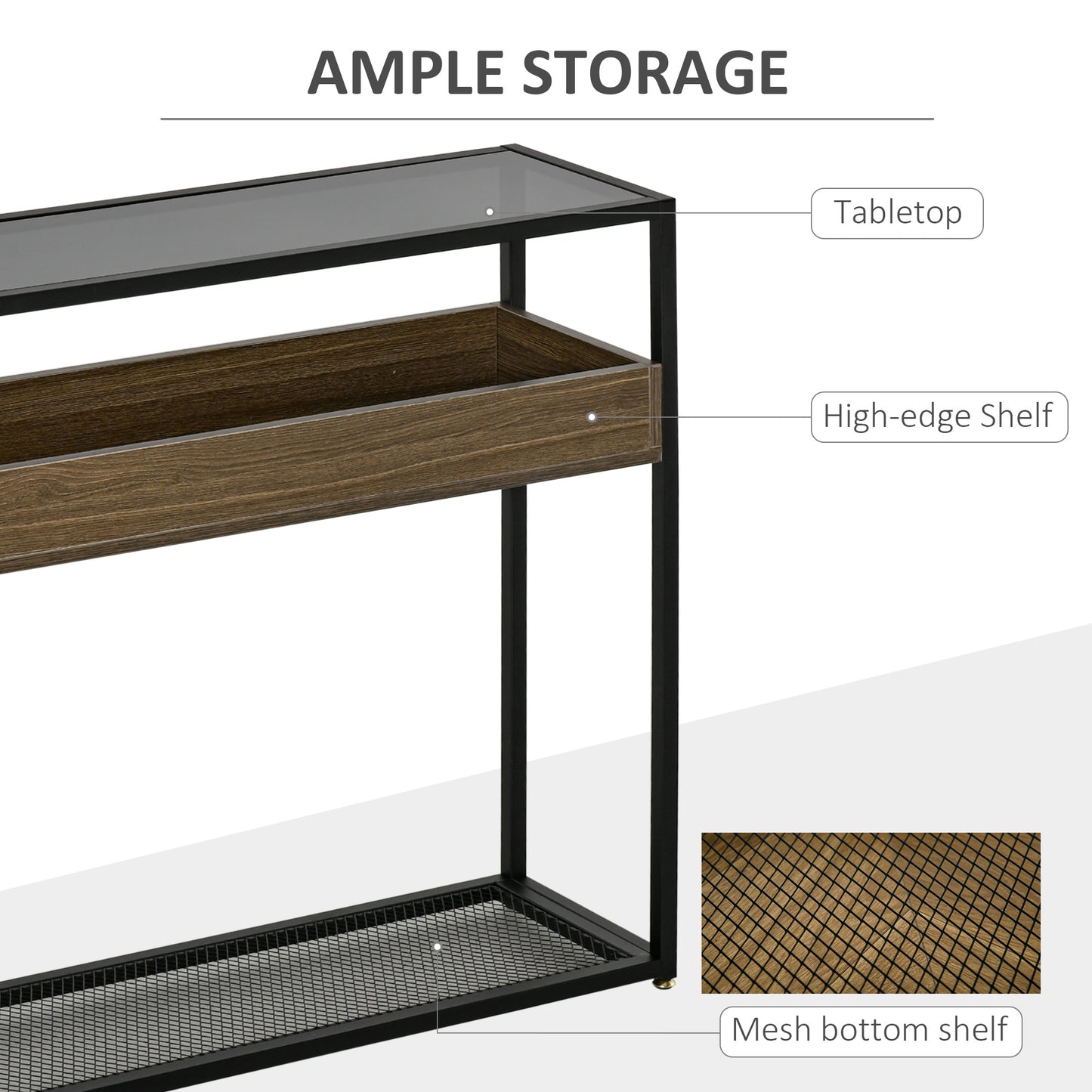 Homcom Industrial Style Console Table Sofa Table with Tempered Glass Top and Steel Frame for Living Room Hallway Entrance