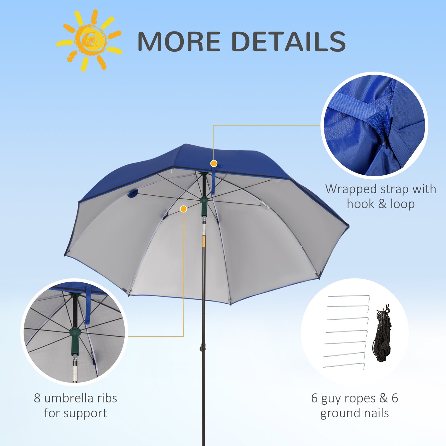 Outsunny 2m Beach Parasol Fishing Umbrella Brolly with Sides and Push Botton Tilt Sun Shade Shelter with Carry Bag