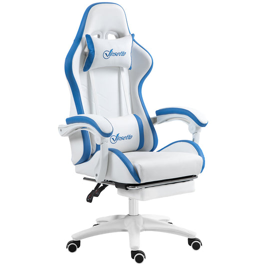 Computer Gaming Chair, PU Leather Desk Chair with Footrest, Swivel Task Chair with 135° Reclining Back and Lumbar Support, PC Chair for Adults, White and Blue-0