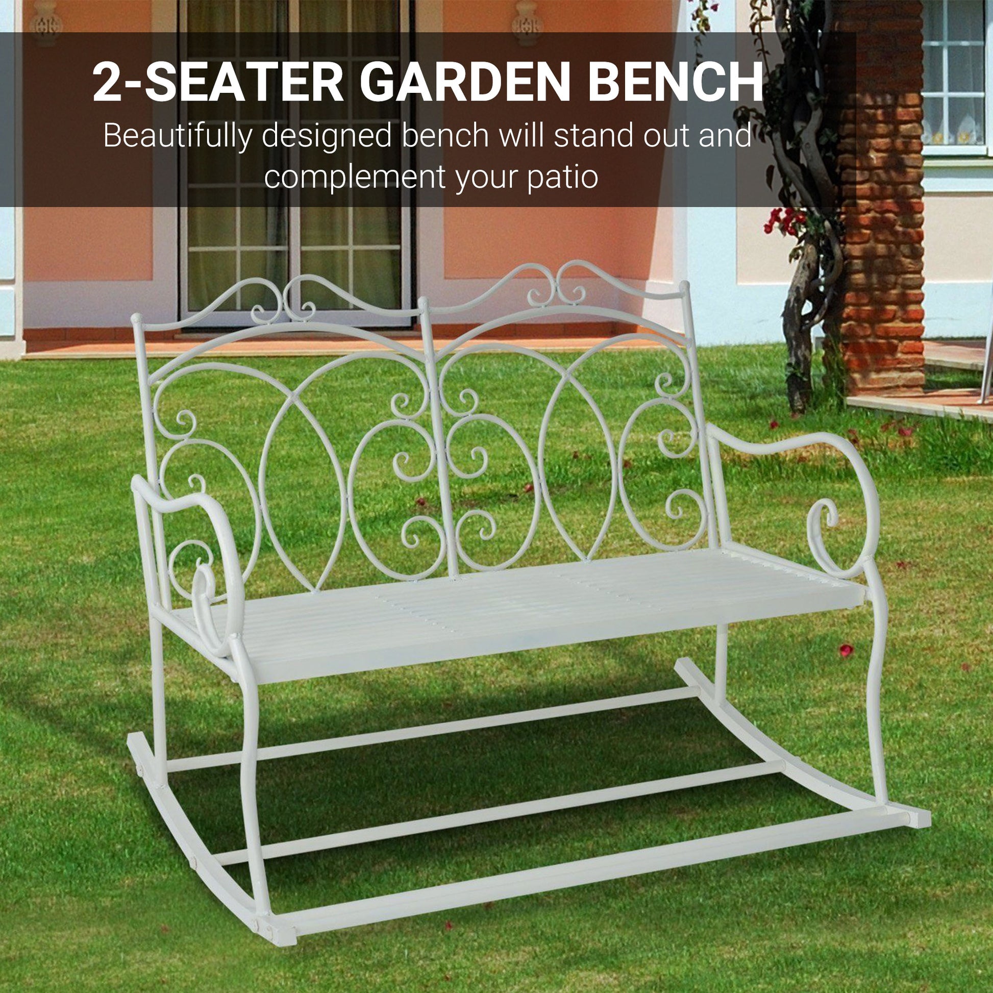 Outsunny Patio 2 Seater Rocking Bench Steel Garden Outdoor Garden Loveseat Chair With Decorative Backrest White