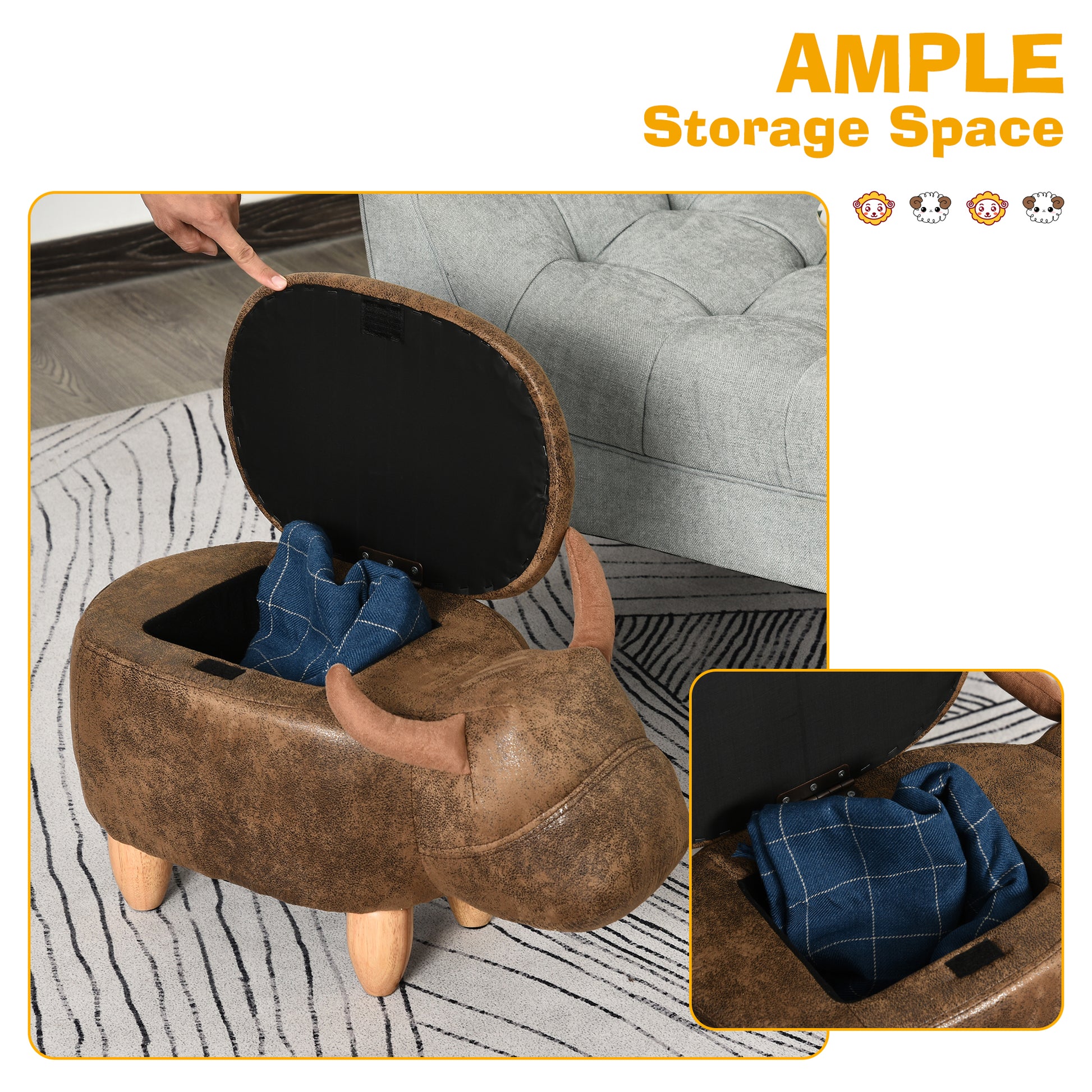 Homcom Animal footstool Buffalo Storage Stool Cute Kids Decoration Wood Frame Legs w/Padding Lid Ottoman Furniture Brown