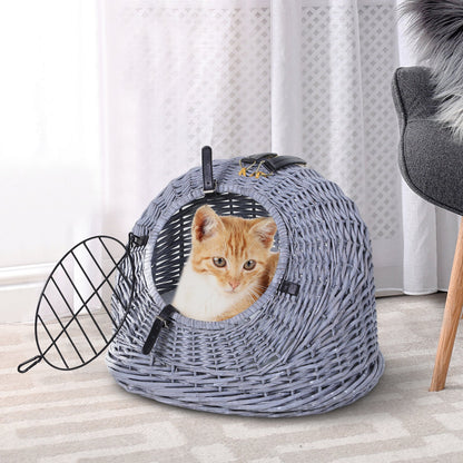 PawHut Cats Wicker Travel Carrier Basket w/ Plush Cushion Grey