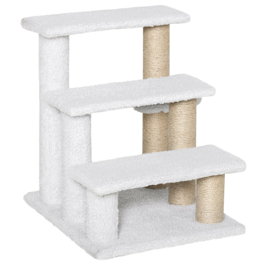 Pet Stair with 3-step Climb Ladder, Scratching Posts, Platforms, Toy Ball, for Indoor Elderly Cats Kittens, White-0