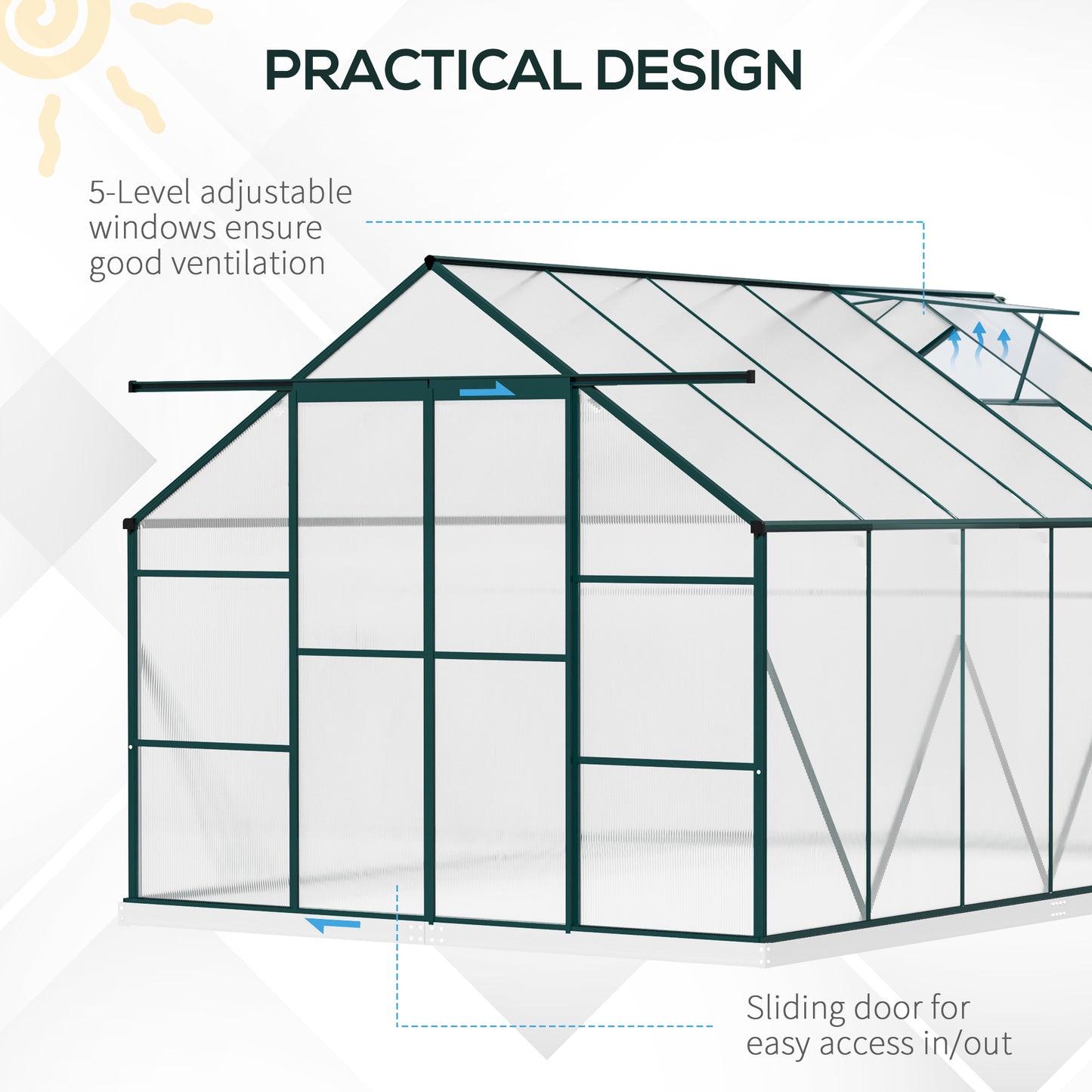 Outsunny Aluminum Greenhouse Polycarbonate Walk-in Garden Greenhouse Kit with Adjustable Roof Vent