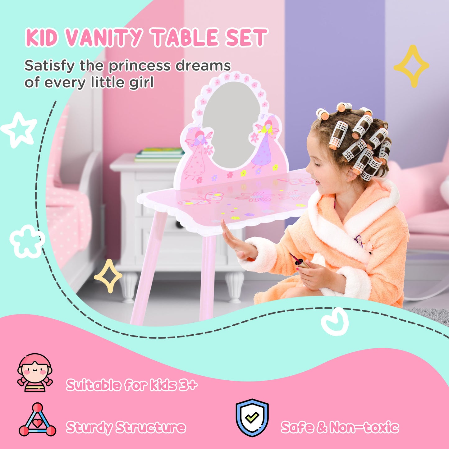 Homcom Kids Dressing Table Girls Pink Wooden Kids Dressing Table & Stool Make Up Desk Chair Toys Fairy Dresser Play Set w/Mirror