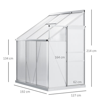 Outsunny 6 x 4ft Lean to Wall Polycarbonate Greenhouse Aluminium Walk-in Garden Greenhouse with Adjustable Roof Vent