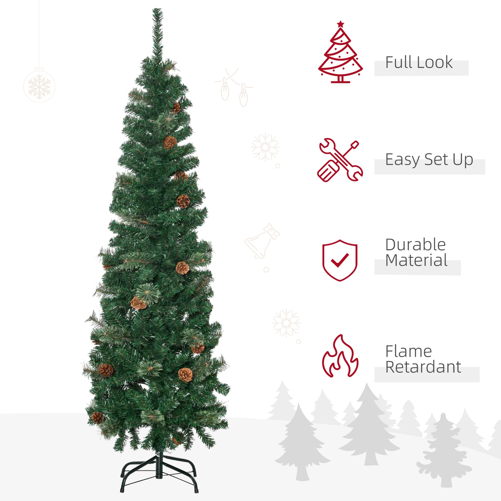 Homcom 5.5FT Tall Pencil Slim Artificial Christmas Tree with Realistic Branches