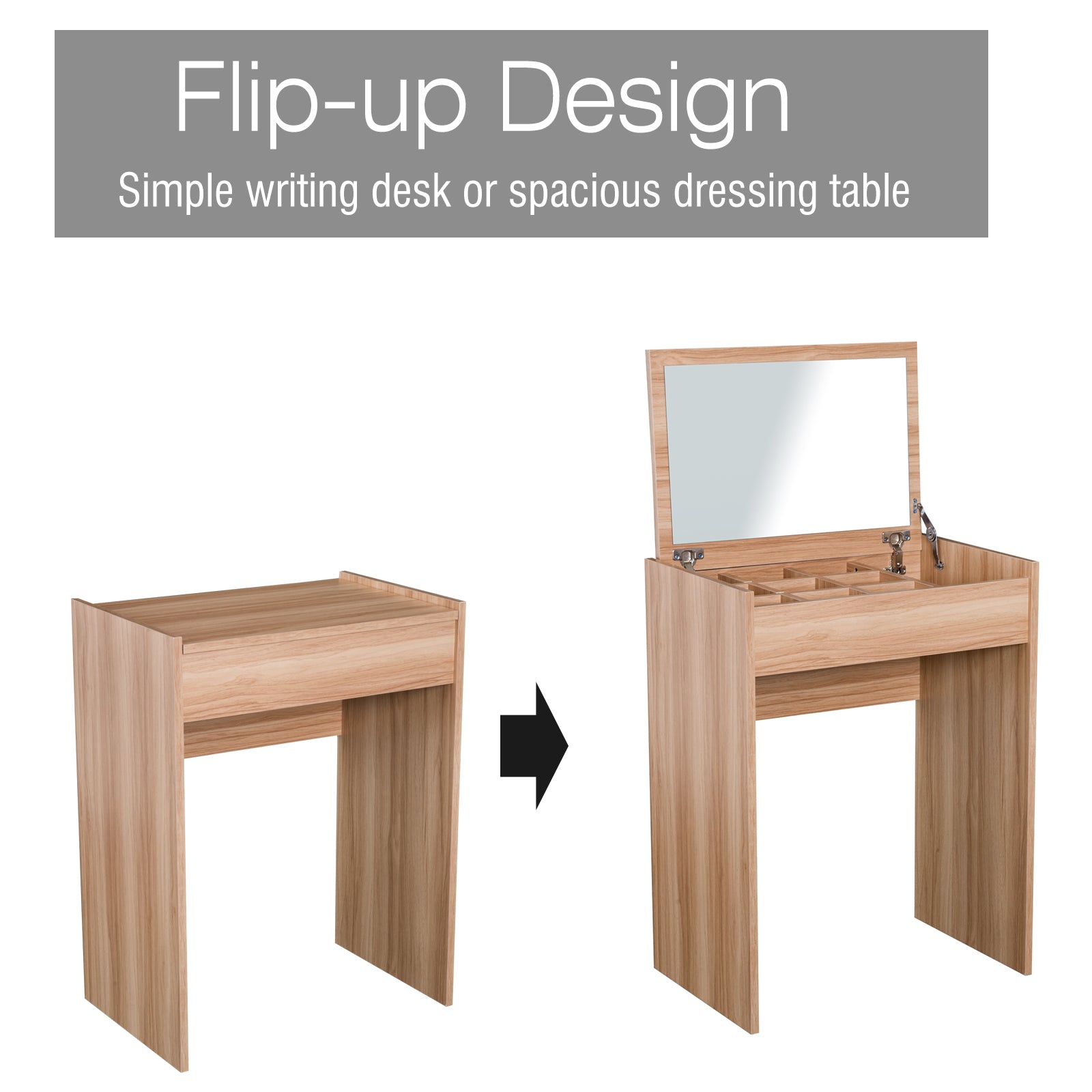 Homcom Dressing Table Set Padded Stool Dresser with Flip-up Mirror Multi-purpose - Wood Grain