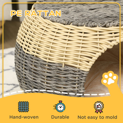 Pawhut Wicker Cat House Rattan Raised Cat Bed Cosy Kitten Cave With Soft Washable Cushion Diameter 40 X 30cm