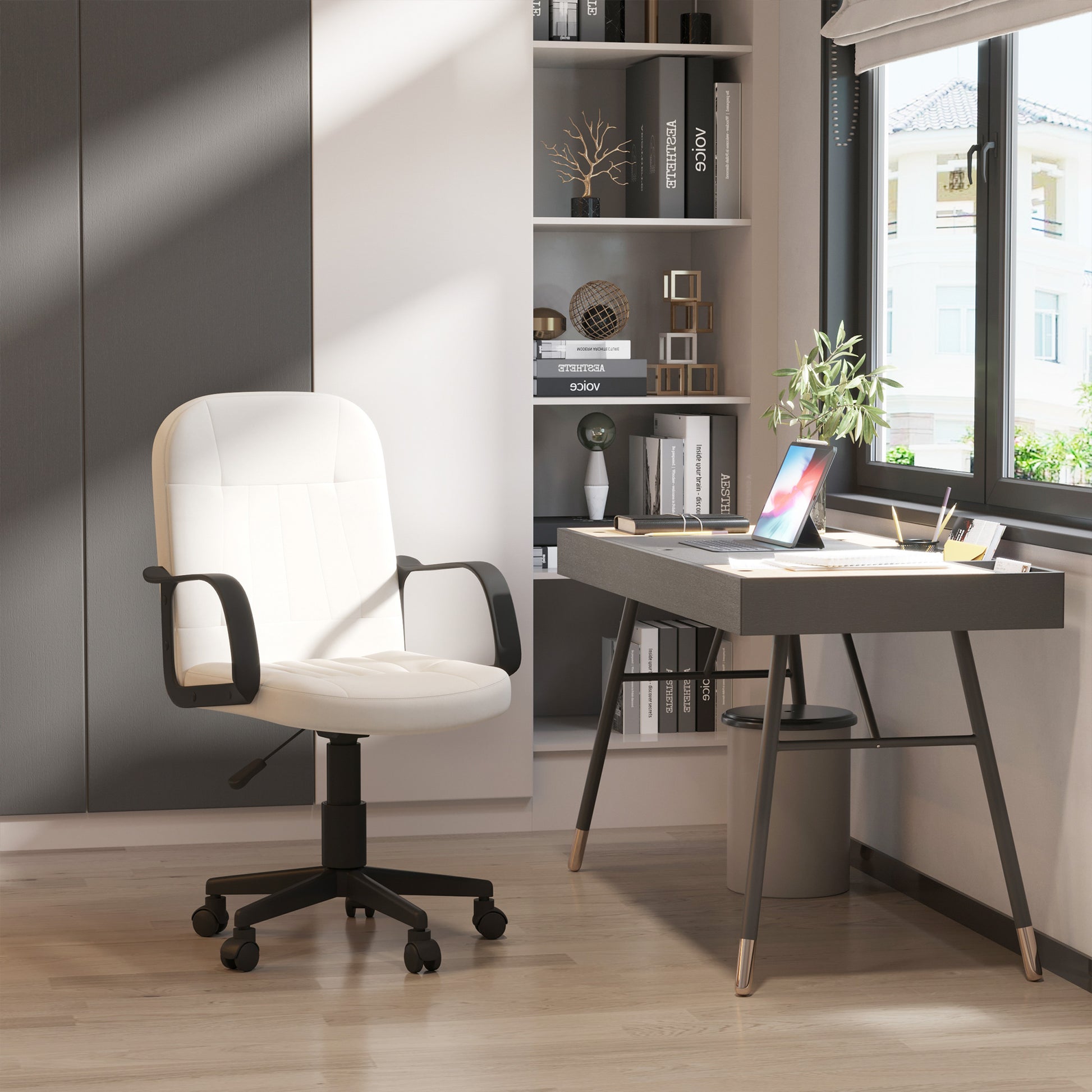 Homcom PU Leather Swivel Home Office Chair Cream