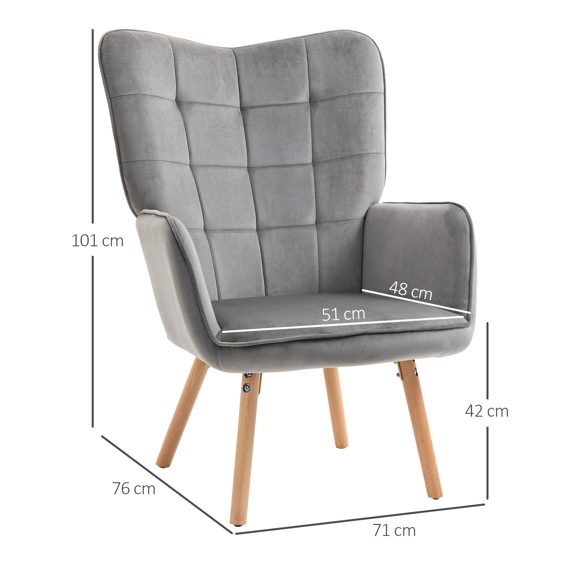 Homcom Accent Chair VelvetTufted Wingback Armchair Club Chair with Wood Legs Grey