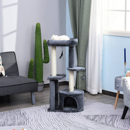 PawHut Cat Tree for Indoor Cats Kitten Tower w/ Perch House Scratching Post Platform Play Ball Plush Covering Play Rest Relax Grey White