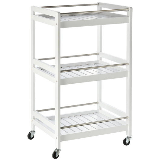 Homcom 3-Tier Home Trolley Kitchen Storage Cart w/ Steel Bars 4 Universal Wheels Rolling Unit Organiser Living Room White