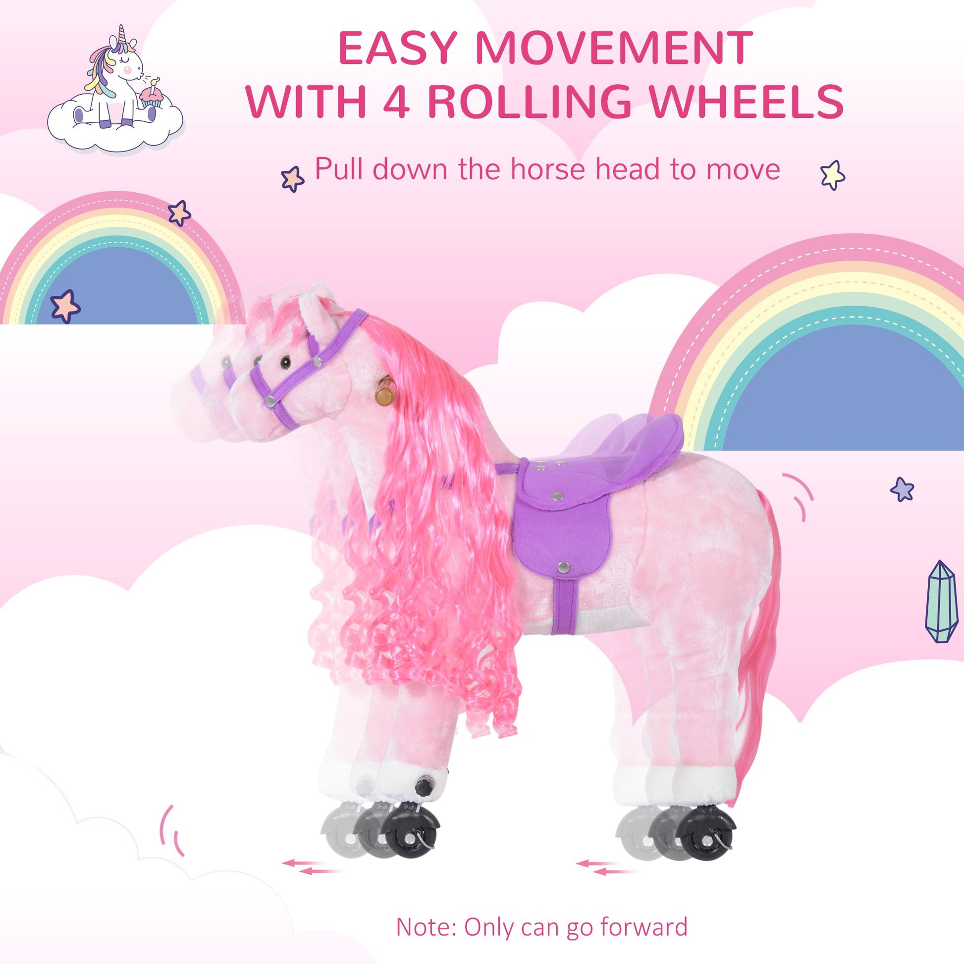 Homcom Kids Plush Ride On Walking Horse Withsound-Pink