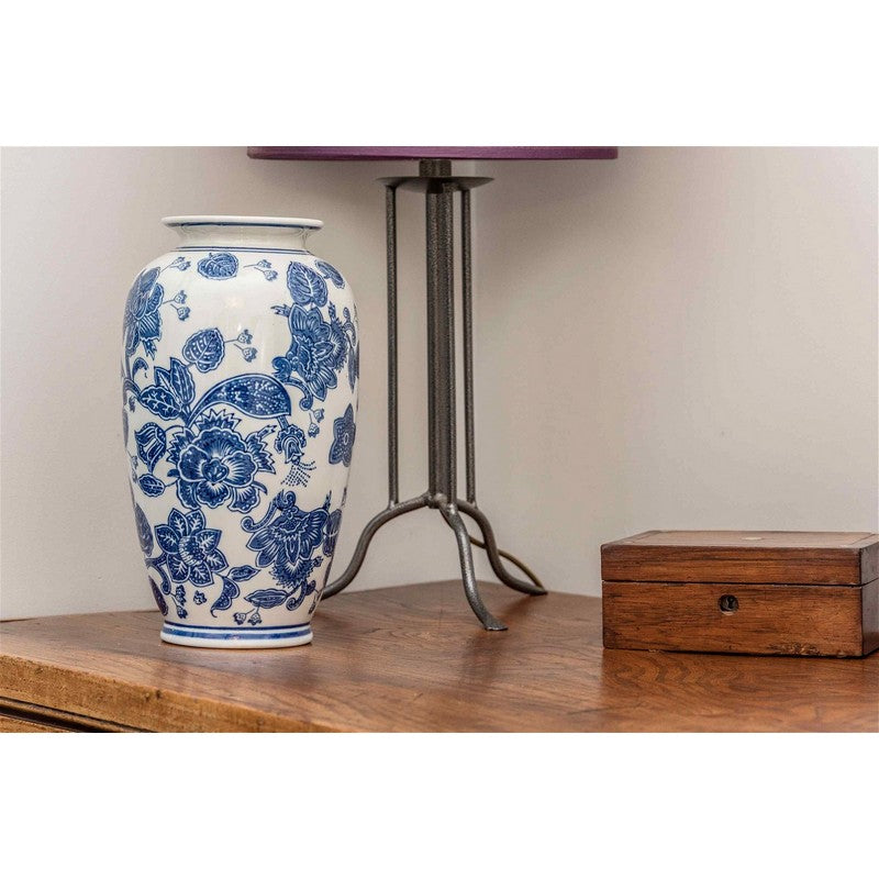 Urn Vase Ceramic Blue & White with Flower Pattern - 31cm