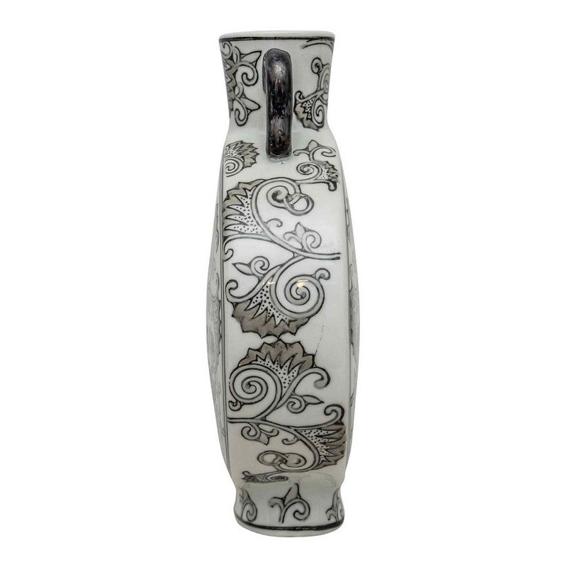 Vase Ceramic Grey & White with Flower Pattern - 31.5cm