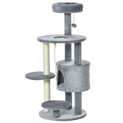 PawHut Cat Tree Tower Activity Center with Hanging Ball Toy Teasing Rope Dark grey