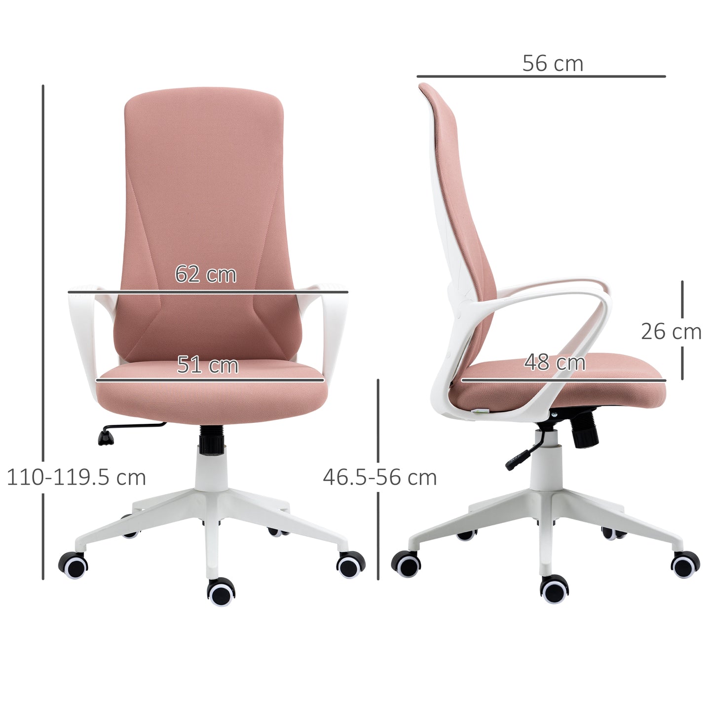 Vinsetto High Back Office Chair Fabric Desk Chair With Armrests Adjustable Height Swivel Wheels Pink