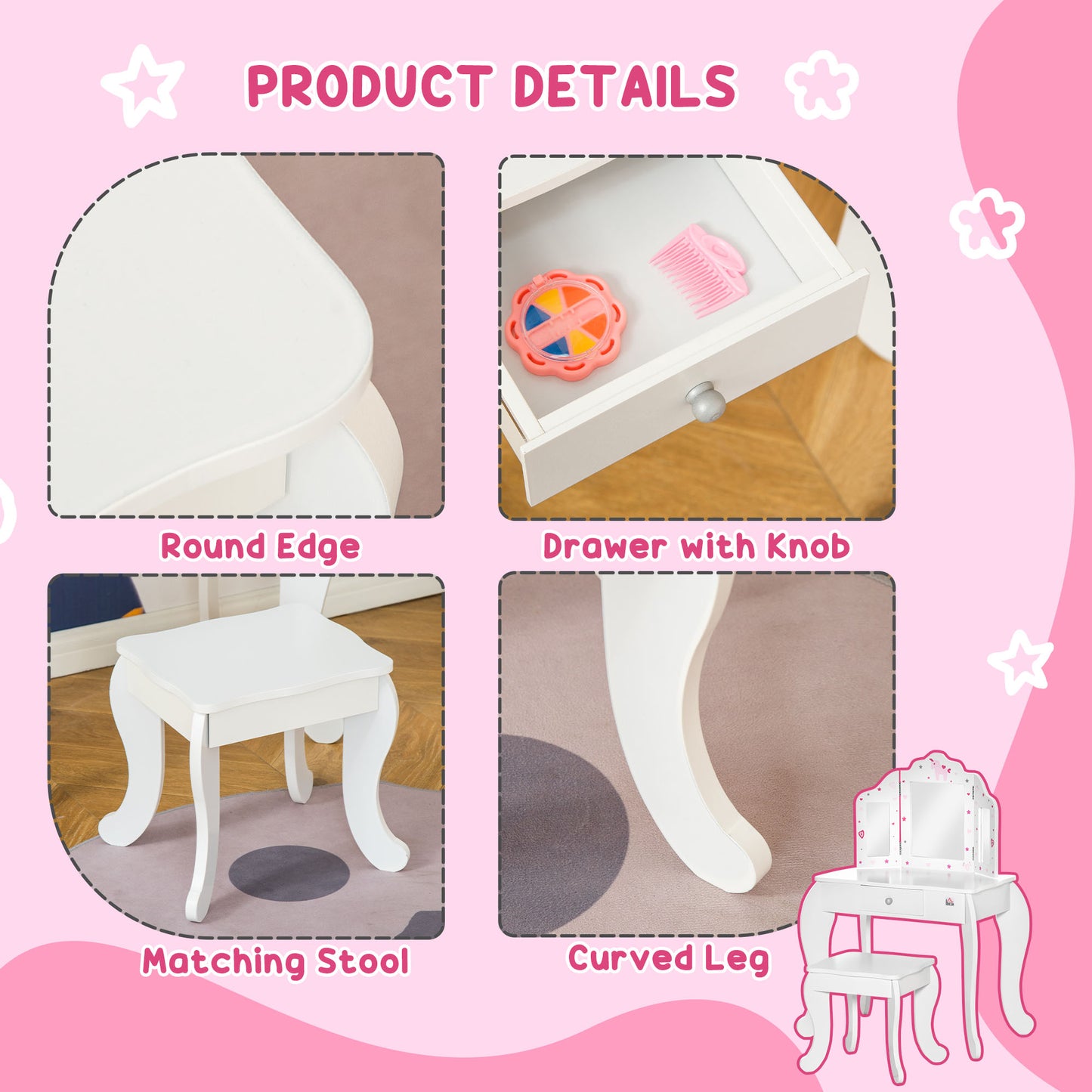 Homcom Kids Vanity Table & Stool Girls Dressing Set Make Up Desk Chair Dresser Play Set With Rotatable Mirrors Drawer Star & Heart Pattern White