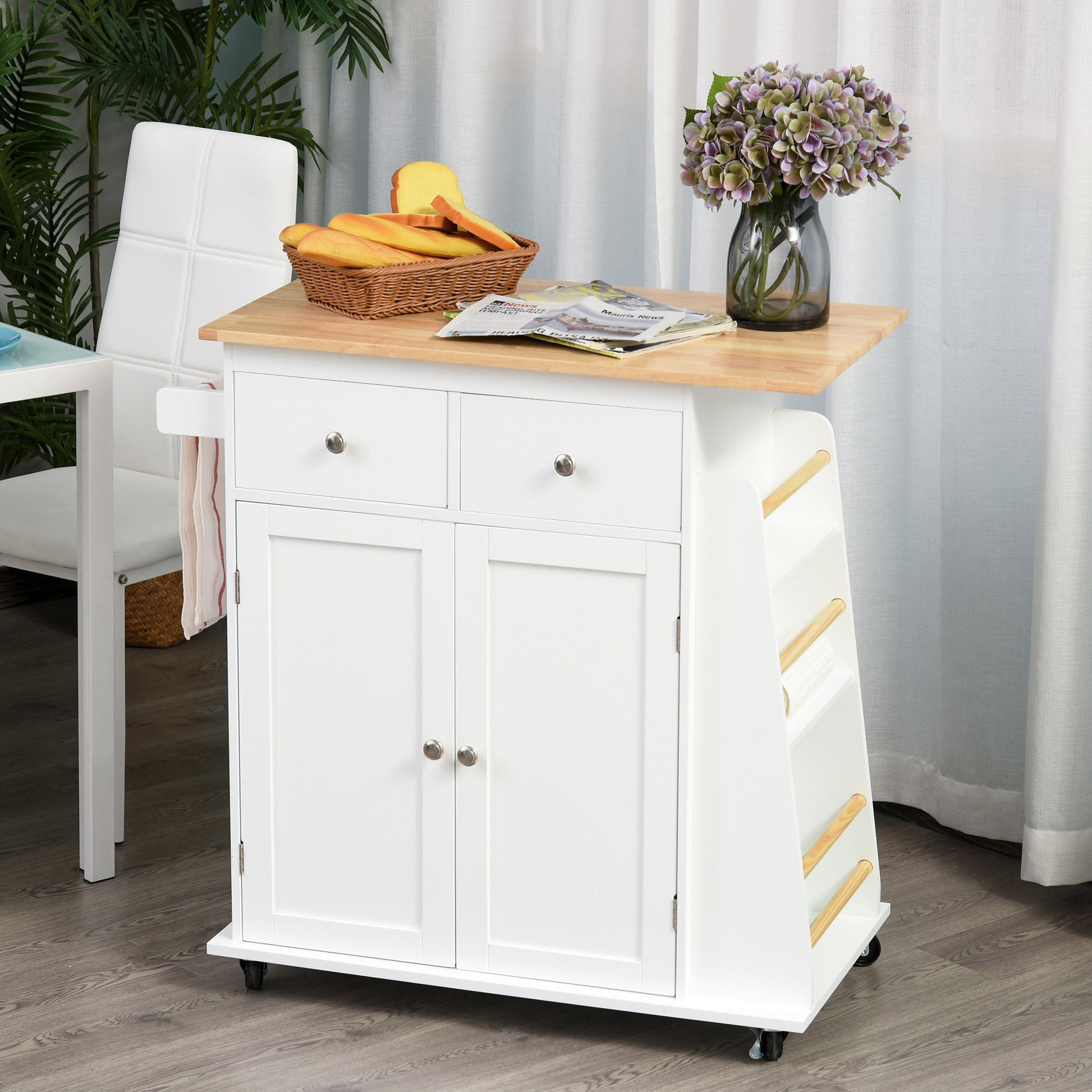 Homcom Kitchen Island Storage Cabinet Rolling Trolley with Rubber Wood Top