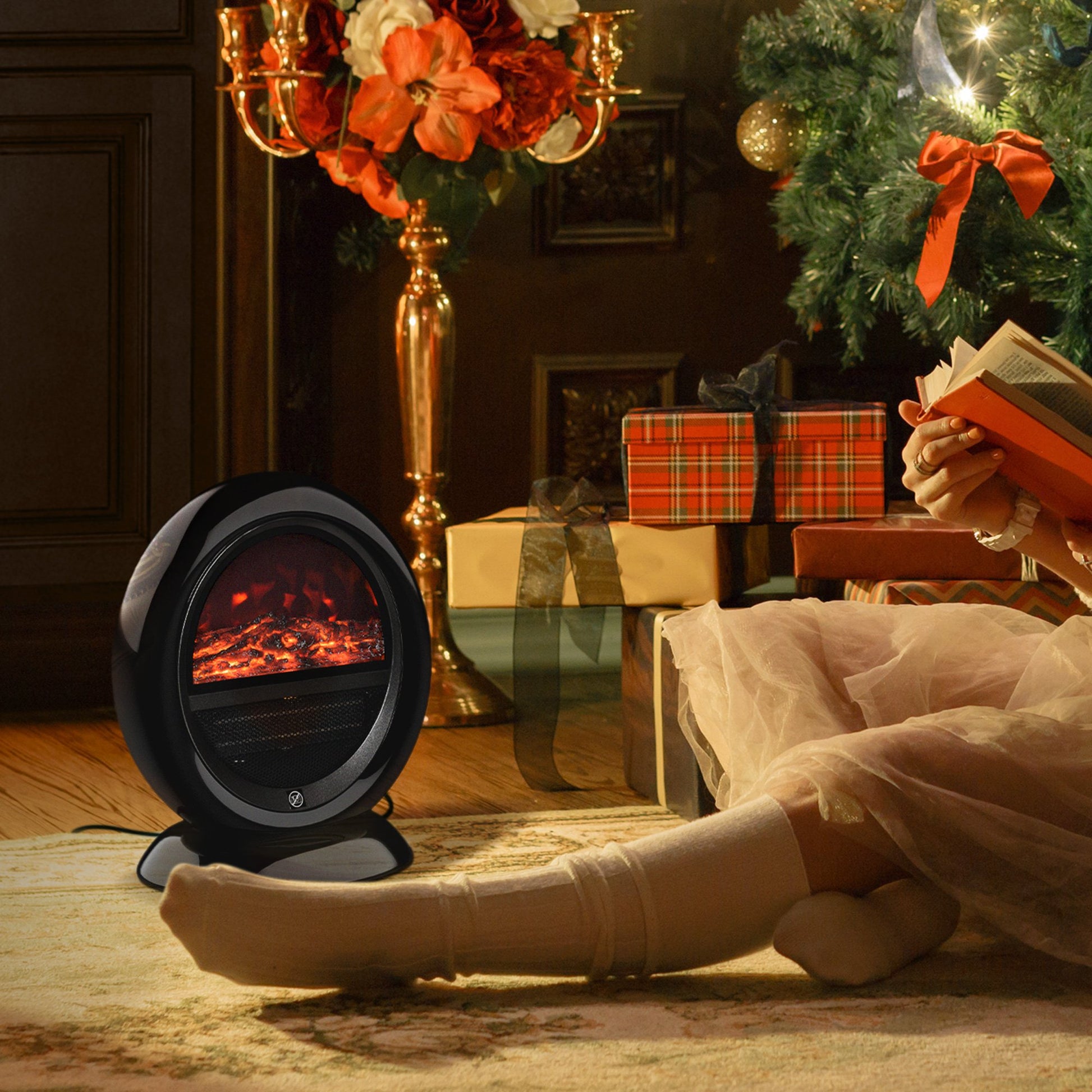 Homcom Freestanding Electric Fireplace Heater W/ Flame Effect Rotatable Head Black