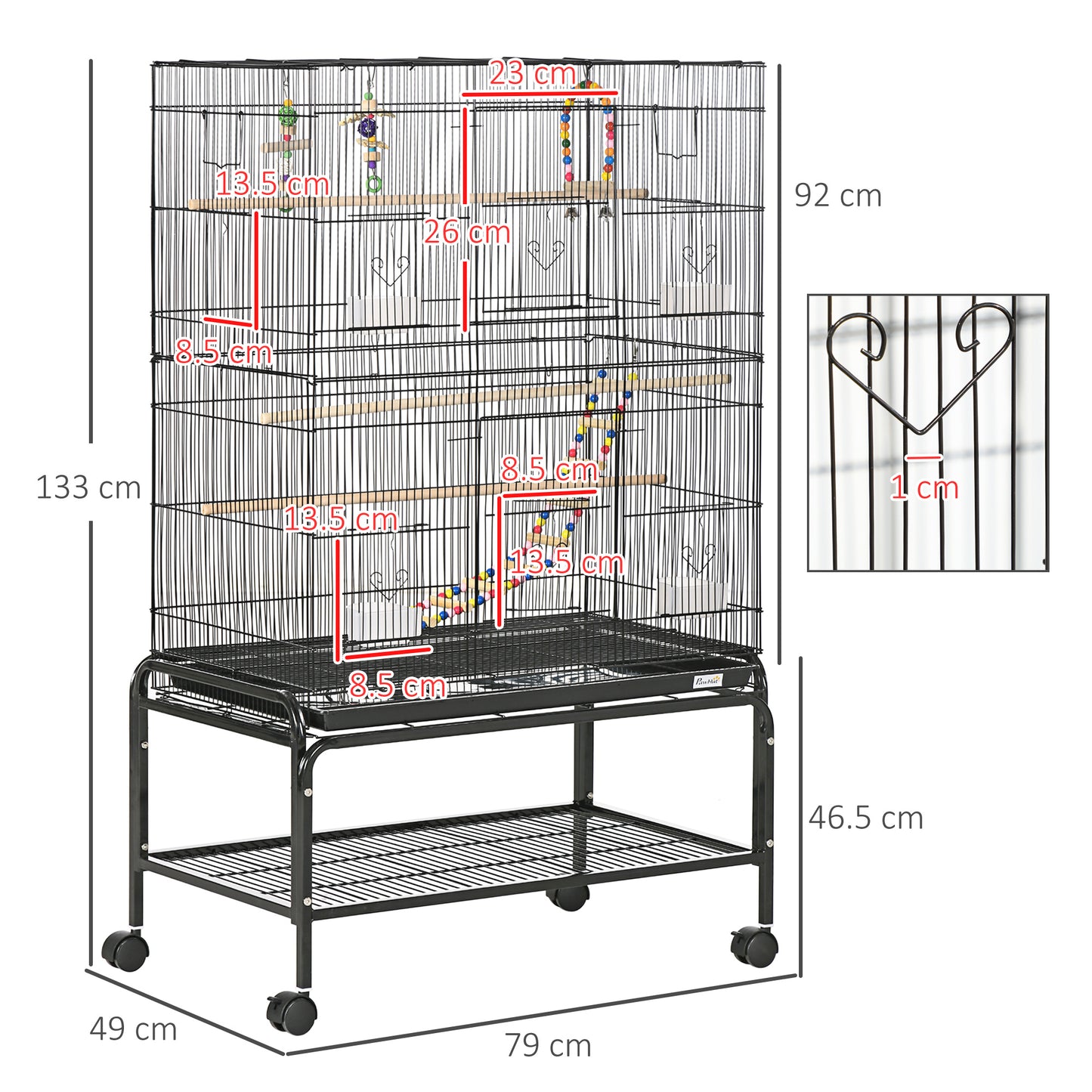 Grille 133cm Bird Cage Wheeled Black by Pawhut