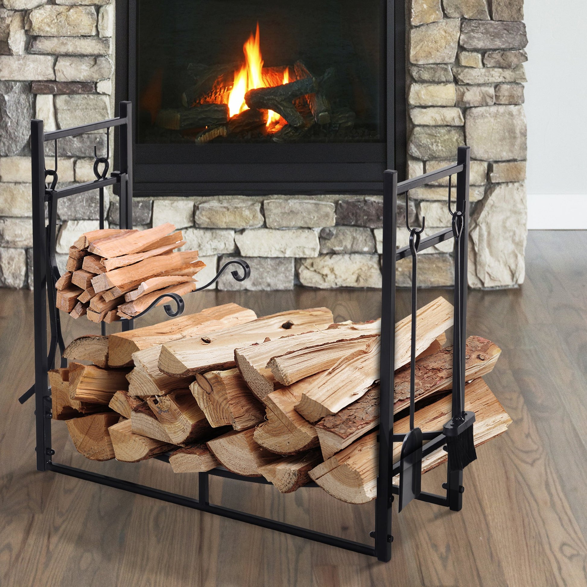 Outsunny Metal Firewood Log Holder Indoor Outdoor Firewood Rack Fireplace 2 Tier Wood Storage Shelf with 4 Tools