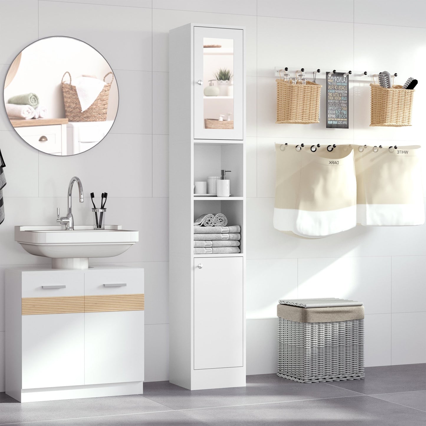 kleankin Bathroom Floor Cabinet Narrow Storage Cabinet with Mirror Adjustable Shelves