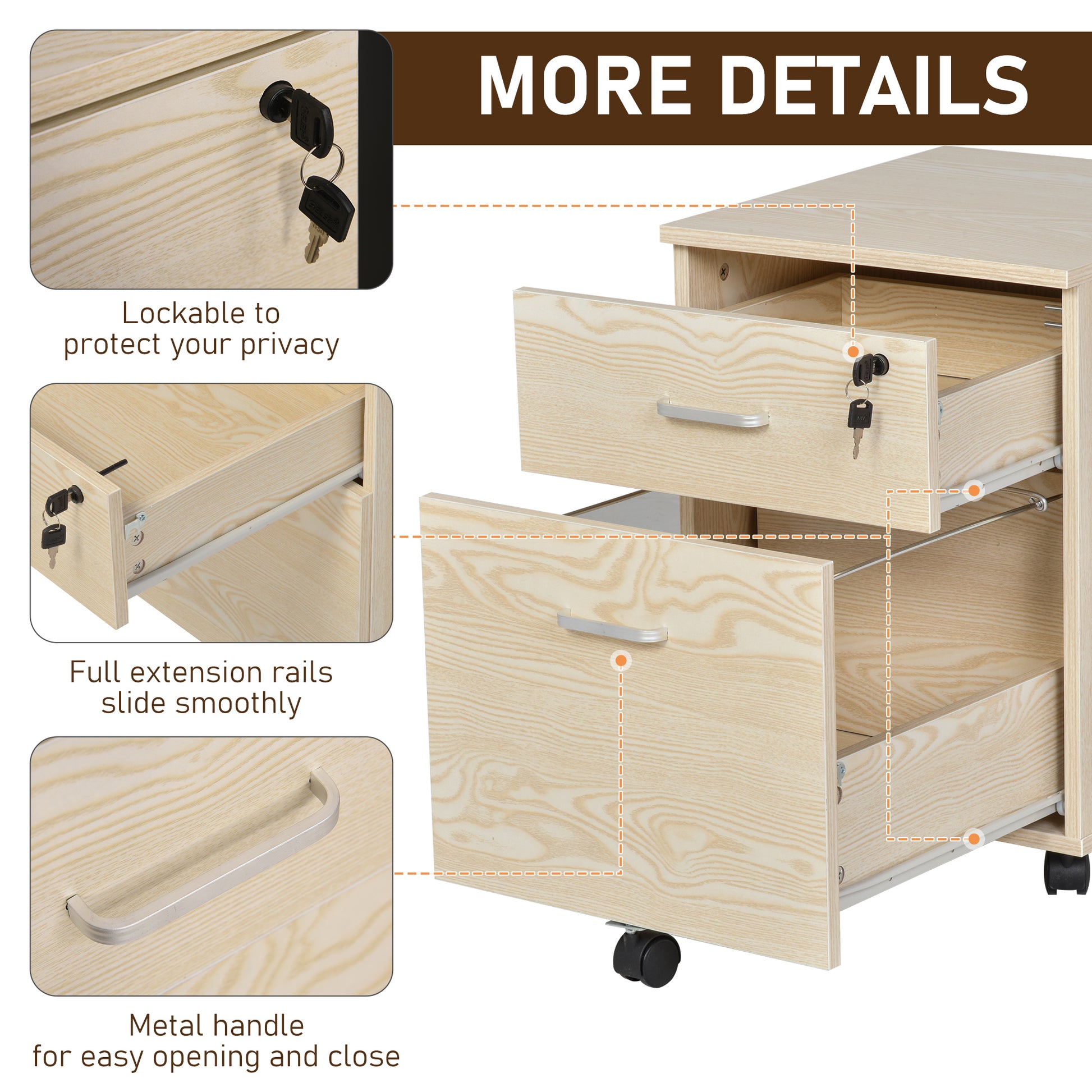 Vinsetto 2-Drawer Locking Office Filing Cabinet w/ 5 Wheels Rolling Storage Hanging Legal Letter Files Cupboard Home Organisation Oak