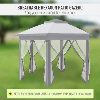 Outsunny Hexagon Patio Gazebo Pop Up Gazebo Outdoor Double Roof Instant Shelter with Netting