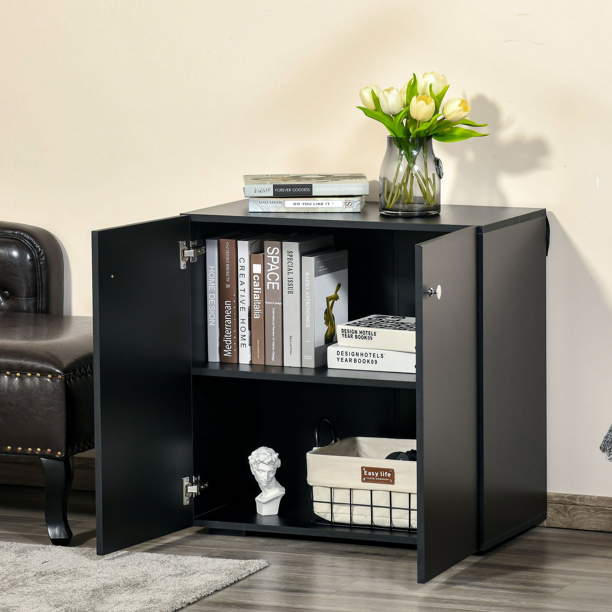 Homcom Storage Cabinet With Two Shelves Wooden Sideboard Freestanding Kitchen Cupboard Bookcase Black