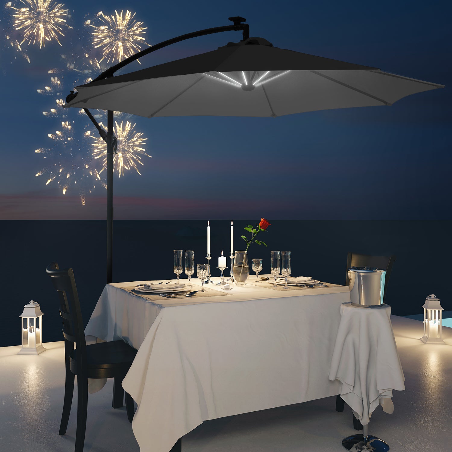 Outsunny 3m LED Patio Banana Umbrella Cantilever Parasol w/ Crank Cross Base Hanging Offset Umbrella Frame Steel Aluminium Garden Table Outdoor Black