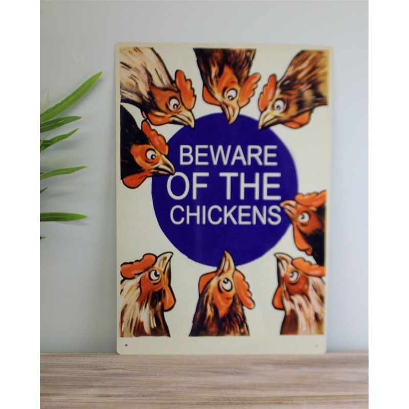 Vintage Beware Of The Chickens Sign Metal Wall Mounted - 40cm