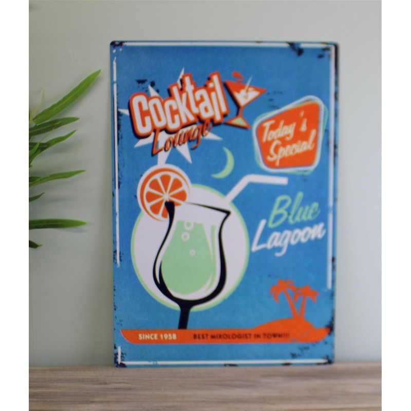 Vintage Blue Lagoon Cocktail Lounge Sign Metal Wall Mounted - 42cm