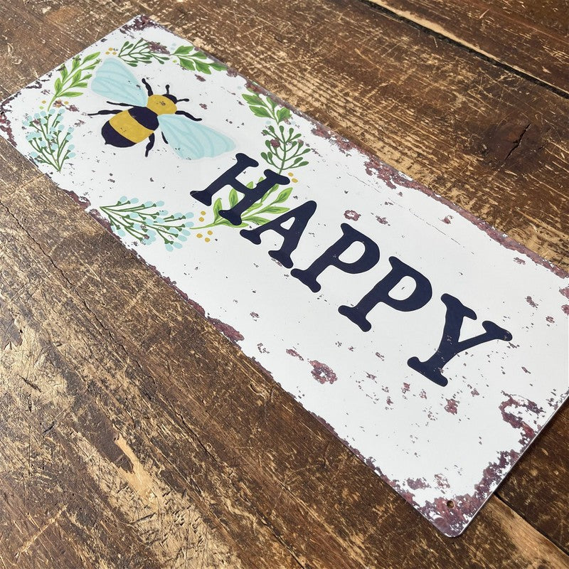 Vintage Bee Happy Sign Metal Wall Mounted - 42cm