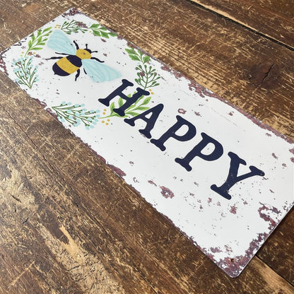 Vintage Bee Happy Sign Metal Wall Mounted - 42cm