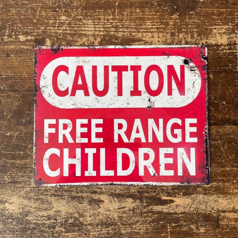 Vintage Caution Free Range Children Sign Metal Wall Mounted - 27cm