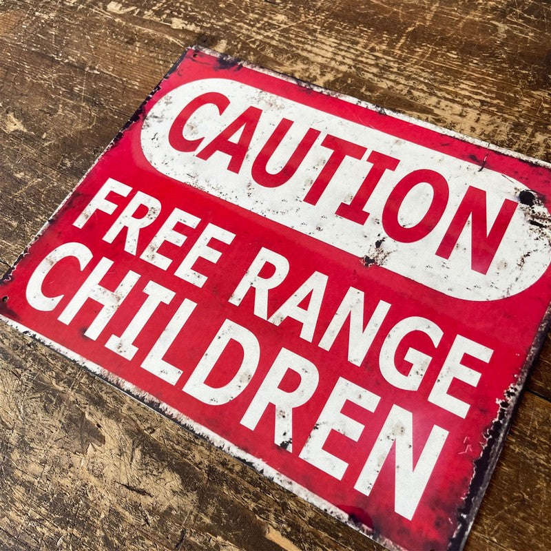 Vintage Caution Free Range Children Sign Metal Wall Mounted - 27cm