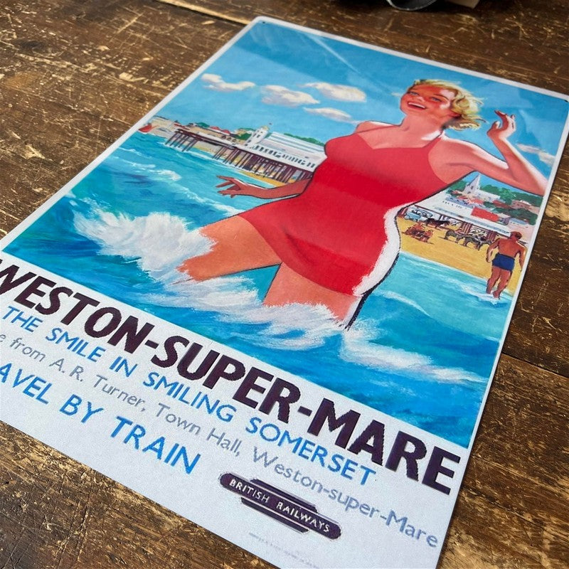 Vintage British Railways Weston-Super-Mare Sign Metal Wall Mounted - 42cm