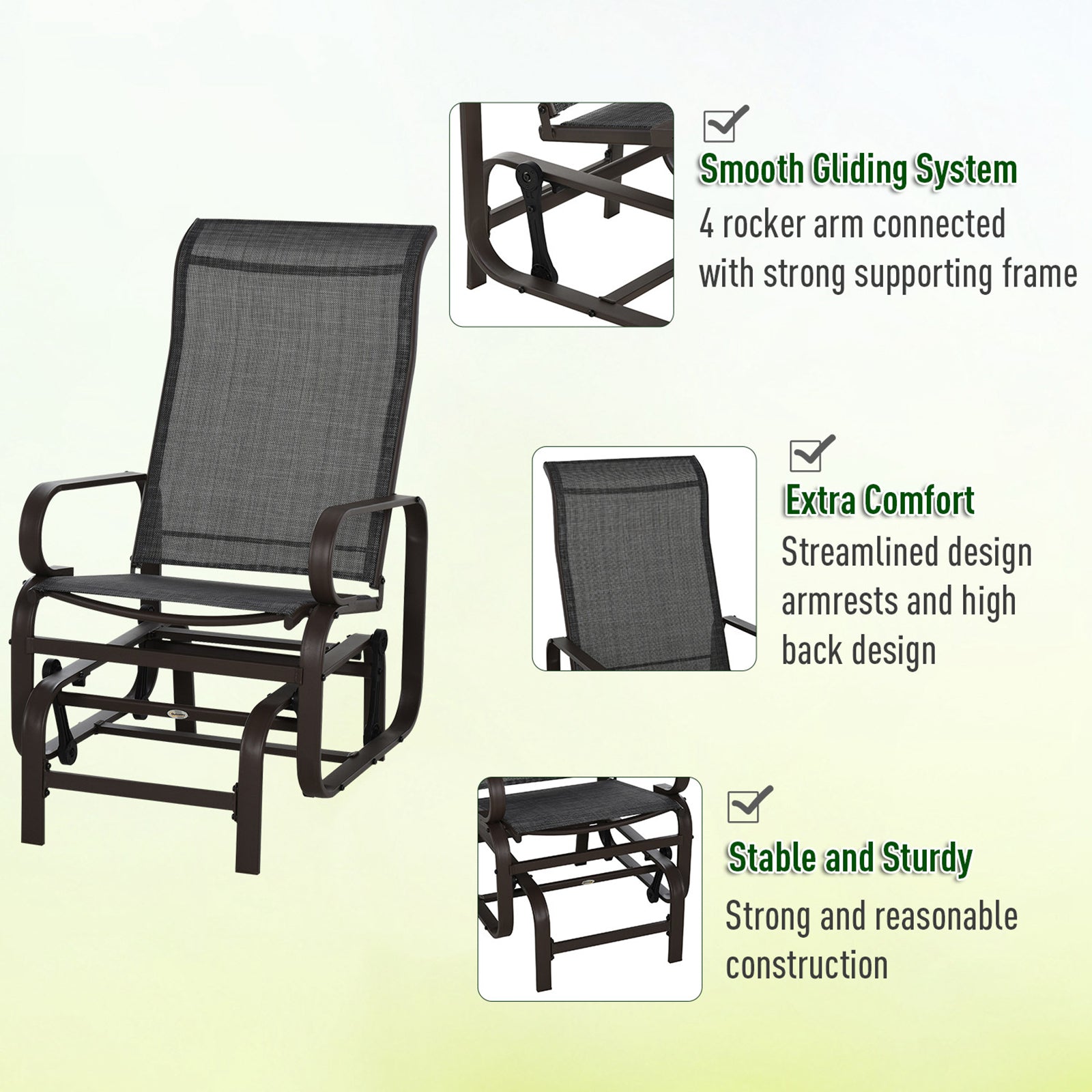 Outsunny 3 PCs Metal Outdoor Gliding Rocking Chair With Tea Table Patio Garden Comfortable Swing Chair Brown