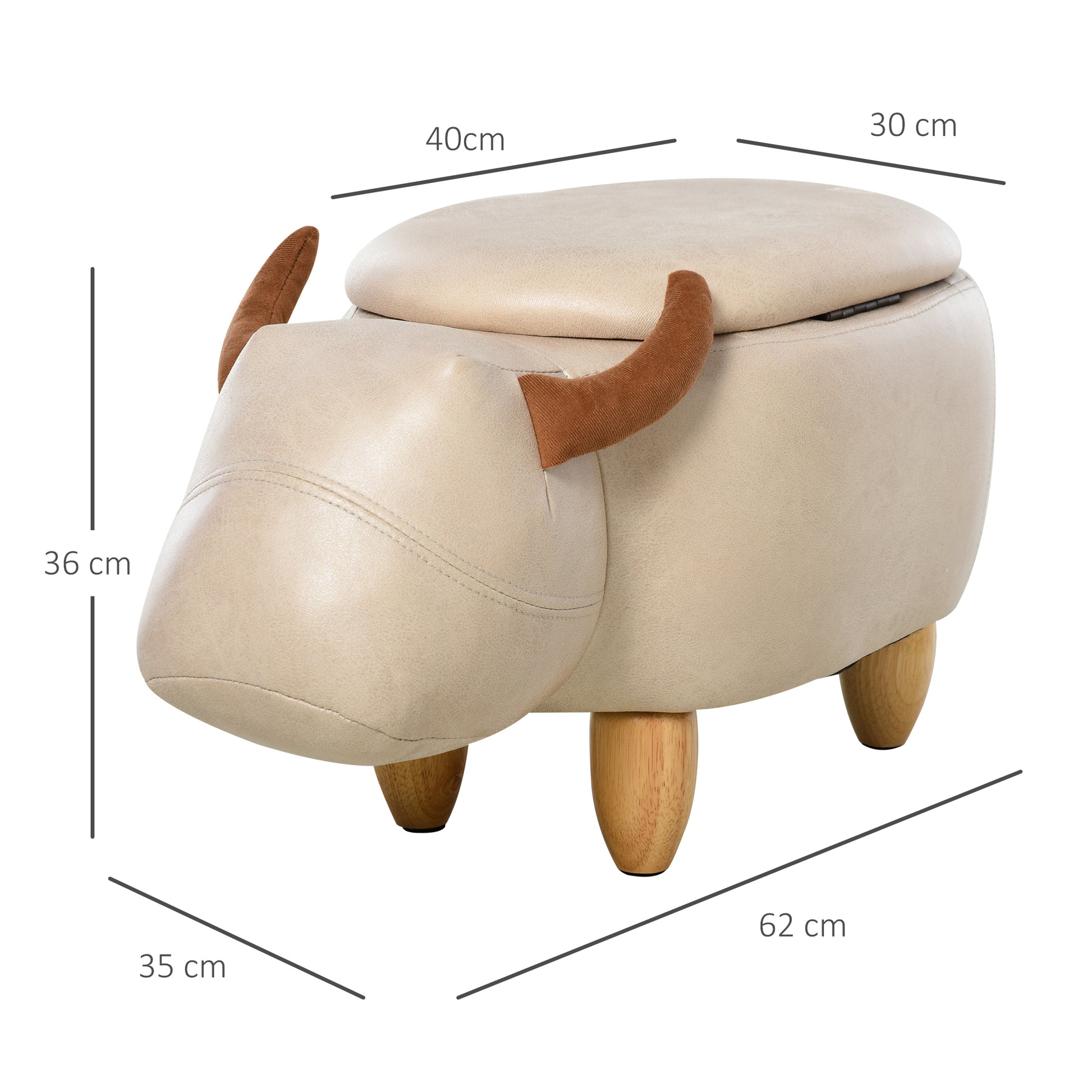 Homcom Animal footstool Buffalo Storage Stool Cute Kids Decoration Wood Frame Legs w/Padding Lid Ottoman Furniture Ivory